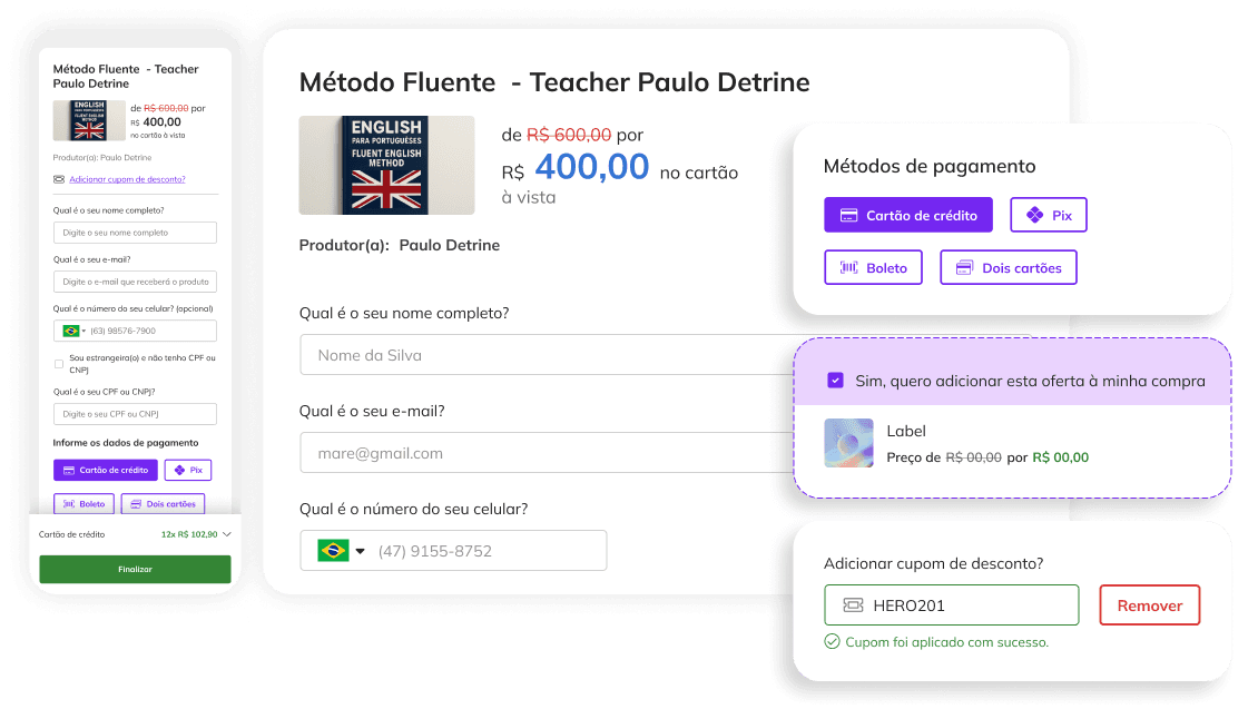 Checkout do HeroPay nas versões mobile e desktop, com os métodos cartão, Pix, boleto e dois cartões, order bump e cupom aplicado com sucesso